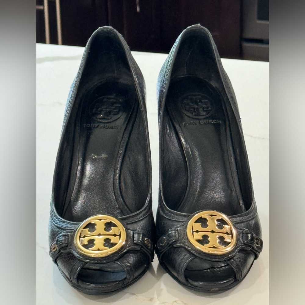 Tory Burch  Open Toe Wood Wedge Heel In Black